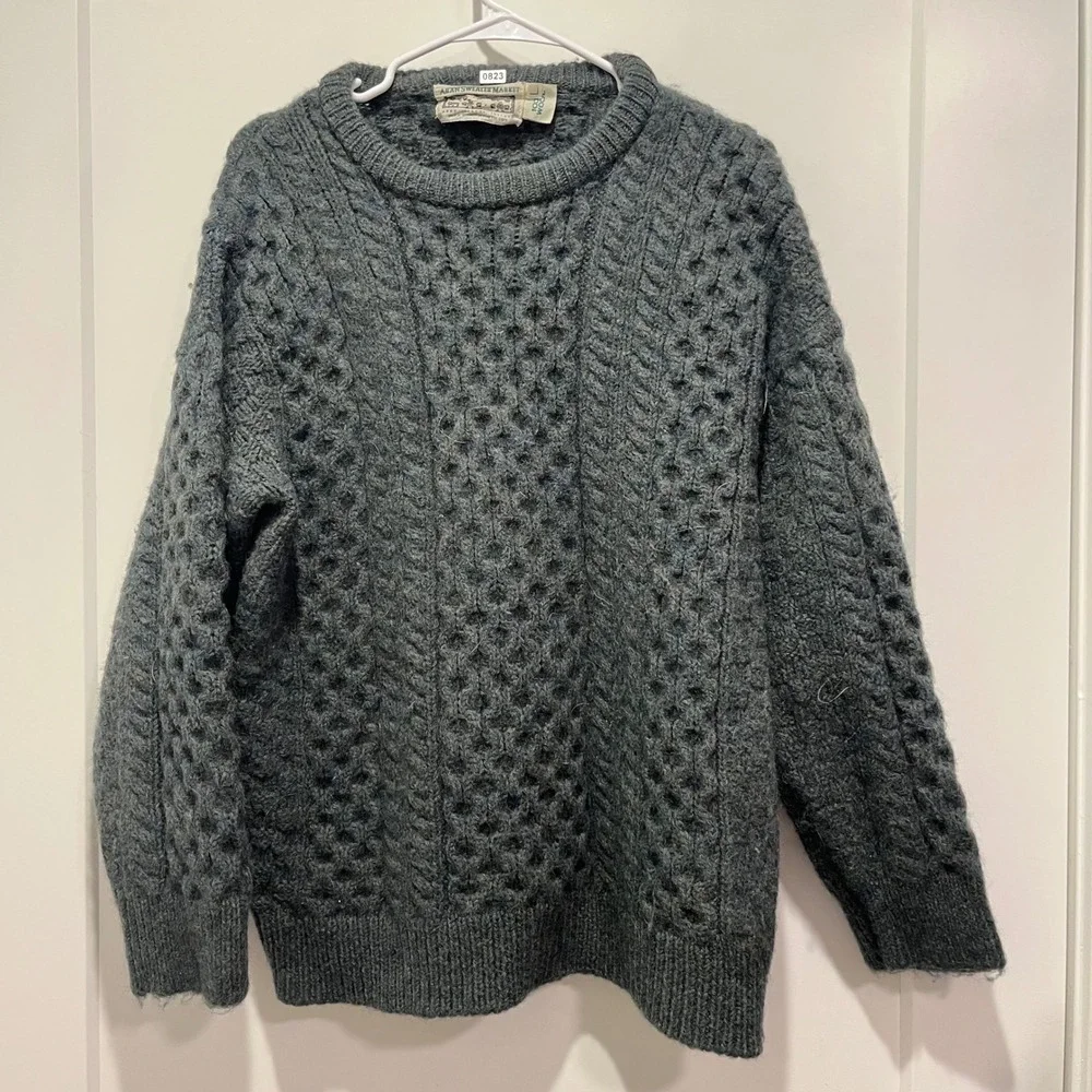 Aran Sweater Market Ireland Wool Cable Knit Fisherman Sweater Teal Blue Men L